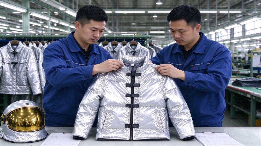 Wide shot of heavy duty protective molten metal furnace front suit, Two Asian quality inspectors checking the front seam and closure of a, demonstrating professional info use in industrial safety environment, designed for wholesale bulk supply and industrial safety procurement. Wide shot of heavy duty protective molten metal furnace front suit, Two Asian quality inspectors checking the front seam and closure of a, demonstrating professional info use in industrial safety environment, designed for wholesale bulk supply and industrial safety procurement.