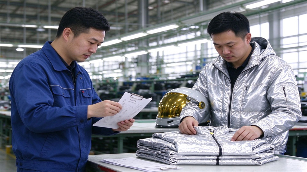 Aerial perspective of heavy duty protective molten metal furnace front suit, Two Asian quality inspectors checking the packing list and folded silver furnace, demonstrating professional info use in industrial safety environment, designed for wholesale bulk supply and industrial safety procurement. Aerial perspective of heavy duty protective molten metal furnace front suit, Two Asian quality inspectors checking the packing list and folded silver furnace, demonstrating professional info use in industrial safety environment, designed for wholesale bulk supply and industrial safety procurement.