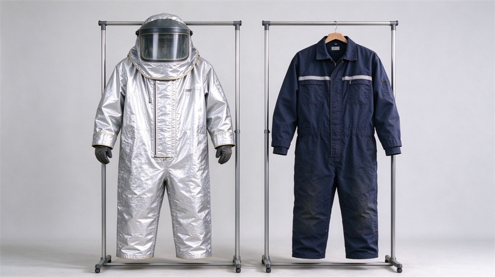 45 degree angle of heavy duty protective high temperature insulated coverall, High temperature insulation coverall beside standard work uniform on hangers, comparing insulation, demonstrating professional comparison use in industrial safety environment, designed for wholesale bulk supply and industrial safety procurement. 45 degree angle of heavy duty protective high temperature insulated coverall, High temperature insulation coverall beside standard work uniform on hangers, comparing insulation, demonstrating professional comparison use in industrial safety environment, designed for wholesale bulk supply and industrial safety procurement.