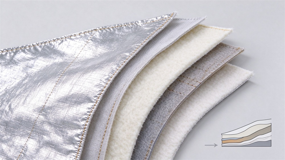 Overhead view of heavy duty protective high temperature insulated coverall, Multi layer insulation fabric structure of five heat protection layers, heat insulation, demonstrating professional info use in industrial safety environment, designed for wholesale bulk supply and industrial safety procurement. Overhead view of heavy duty protective high temperature insulated coverall, Multi layer insulation fabric structure of five heat protection layers, heat insulation, demonstrating professional info use in industrial safety environment, designed for wholesale bulk supply and industrial safety procurement.