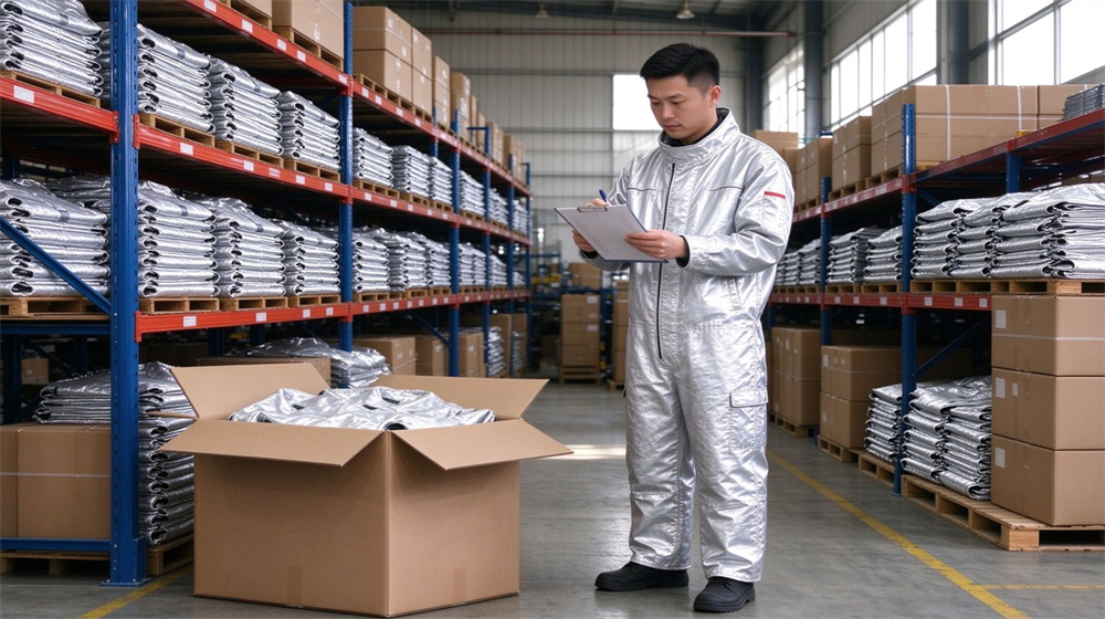 Macro detail of heavy duty protective high temperature insulated coverall, Asian warehouse worker checking packed high temperature insulation coveralls inventory, wholesale heat, demonstrating professional application use in industrial safety environment, designed for wholesale bulk supply and industrial safety procurement. Macro detail of heavy duty protective high temperature insulated coverall, Asian warehouse worker checking packed high temperature insulation coveralls inventory, wholesale heat, demonstrating professional application use in industrial safety environment, designed for wholesale bulk supply and industrial safety procurement.