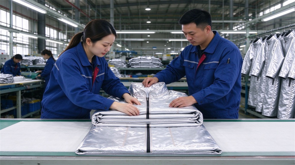 Front view of heavy duty protective high temperature insulated coverall, Two asian workers folding and packing heat insulation coveralls at factory station,, demonstrating professional application use in industrial safety environment, designed for wholesale bulk supply and industrial safety procurement. Front view of heavy duty protective high temperature insulated coverall, Two asian workers folding and packing heat insulation coveralls at factory station,, demonstrating professional application use in industrial safety environment, designed for wholesale bulk supply and industrial safety procurement.