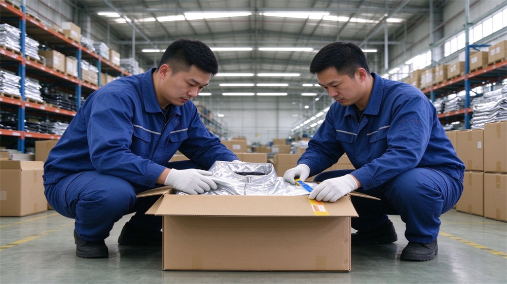 Side angle of heavy duty protective high temperature insulated coverall, Two asian workers boxing heat insulation coveralls into export cartons, wholesale heat, demonstrating professional application use in industrial safety environment, designed for wholesale bulk supply and industrial safety procurement. Side angle of heavy duty protective high temperature insulated coverall, Two asian workers boxing heat insulation coveralls into export cartons, wholesale heat, demonstrating professional application use in industrial safety environment, designed for wholesale bulk supply and industrial safety procurement.