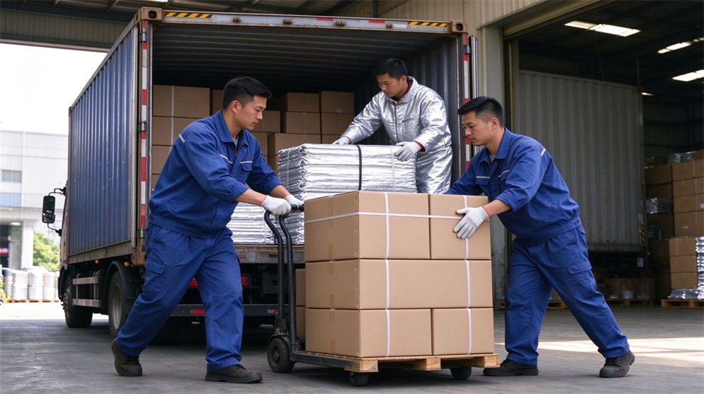 Aerial perspective of heavy duty protective high temperature insulated coverall, Two asian workers loading heat insulation coverall cartons onto export truck, insulated, demonstrating professional application use in industrial safety environment, designed for wholesale bulk supply and industrial safety procurement. Aerial perspective of heavy duty protective high temperature insulated coverall, Two asian workers loading heat insulation coverall cartons onto export truck, insulated, demonstrating professional application use in industrial safety environment, designed for wholesale bulk supply and industrial safety procurement.