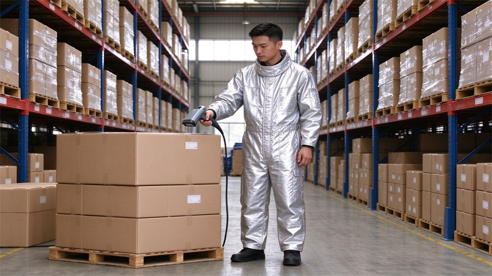 Close up detail of heavy duty protective high temperature insulated coverall, Asian worker barcode scanning heat insulation coverall cartons at dispatch, export logistics, demonstrating professional application use in industrial safety environment, designed for wholesale bulk supply and industrial safety procurement. Close up detail of heavy duty protective high temperature insulated coverall, Asian worker barcode scanning heat insulation coverall cartons at dispatch, export logistics, demonstrating professional application use in industrial safety environment, designed for wholesale bulk supply and industrial safety procurement.