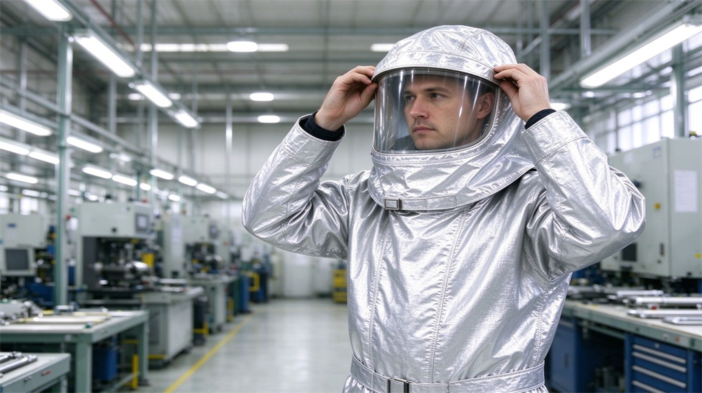 45 degree angle of heavy duty protective high temperature insulated coverall, Worker adjusting transparent visor seal of heat insulation coverall before furnace work,, demonstrating professional application use in industrial safety environment, designed for wholesale bulk supply and industrial safety procurement. 45 degree angle of heavy duty protective high temperature insulated coverall, Worker adjusting transparent visor seal of heat insulation coverall before furnace work,, demonstrating professional application use in industrial safety environment, designed for wholesale bulk supply and industrial safety procurement.