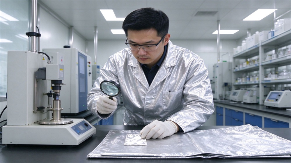 Overhead view of heavy duty protective high temperature insulated coverall, Asian quality inspector checking heat insulation coverall fabric sample in laboratory, heat, demonstrating professional application use in industrial safety environment, designed for wholesale bulk supply and industrial safety procurement. Overhead view of heavy duty protective high temperature insulated coverall, Asian quality inspector checking heat insulation coverall fabric sample in laboratory, heat, demonstrating professional application use in industrial safety environment, designed for wholesale bulk supply and industrial safety procurement.