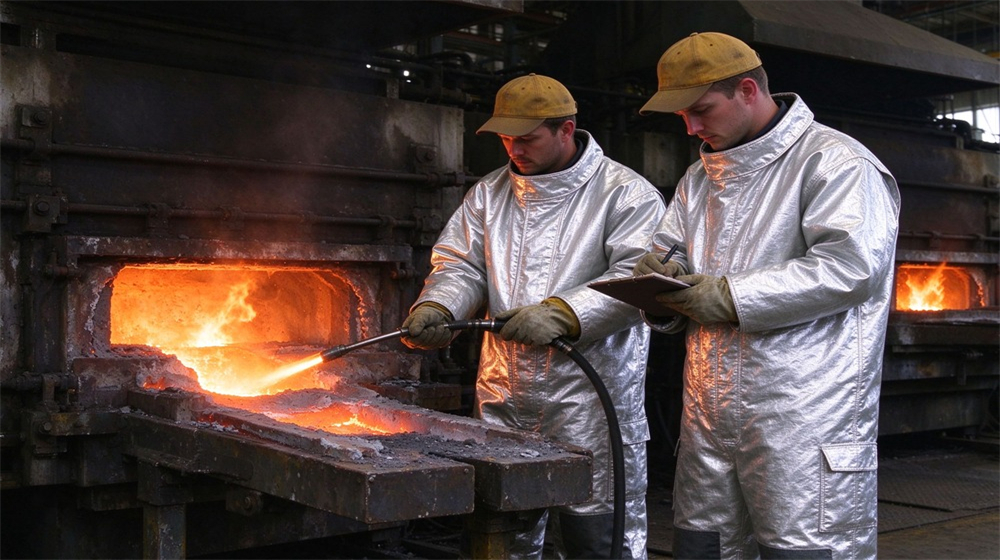 Macro detail of heavy duty protective high temperature insulated coverall, Two workers in high temperature insulation coveralls at aluminum smelting furnace, long, demonstrating professional application use in industrial safety environment, designed for wholesale bulk supply and industrial safety procurement. Macro detail of heavy duty protective high temperature insulated coverall, Two workers in high temperature insulation coveralls at aluminum smelting furnace, long, demonstrating professional application use in industrial safety environment, designed for wholesale bulk supply and industrial safety procurement.