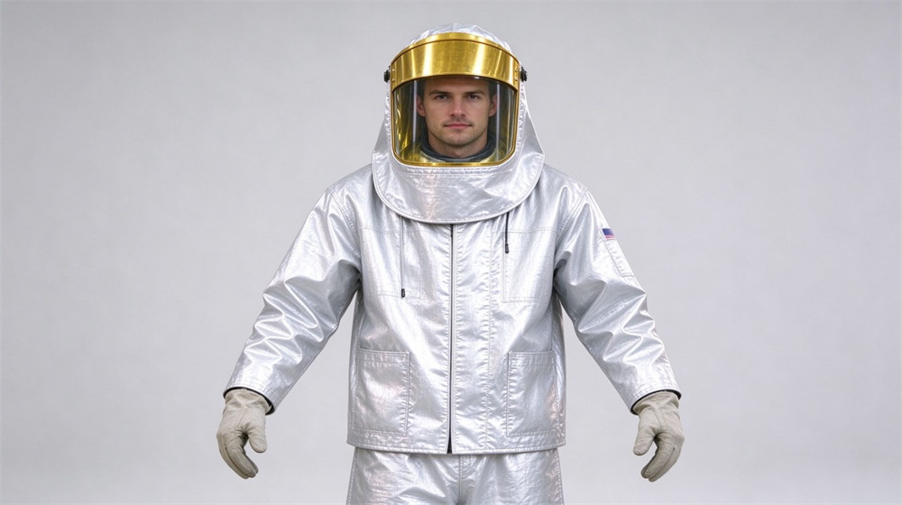 Side angle of heavy duty protective high temperature insulated coverall, Worker front view display of heat insulation coverall reflective fabric, high temperature, demonstrating professional product use in industrial safety environment, designed for wholesale bulk supply and industrial safety procurement. Side angle of heavy duty protective high temperature insulated coverall, Worker front view display of heat insulation coverall reflective fabric, high temperature, demonstrating professional product use in industrial safety environment, designed for wholesale bulk supply and industrial safety procurement.