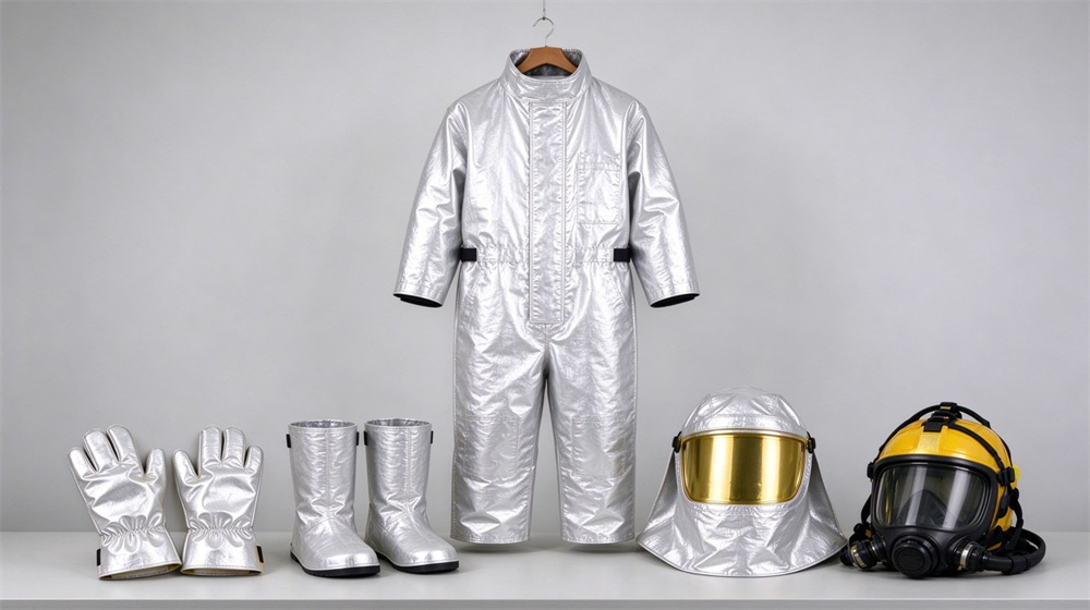 Aerial perspective of heavy duty protective high temperature insulated coverall, Complete heat insulation coverall kit with insulating boots gloves and hood, thermal, demonstrating professional product use in industrial safety environment, designed for wholesale bulk supply and industrial safety procurement. Aerial perspective of heavy duty protective high temperature insulated coverall, Complete heat insulation coverall kit with insulating boots gloves and hood, thermal, demonstrating professional product use in industrial safety environment, designed for wholesale bulk supply and industrial safety procurement.