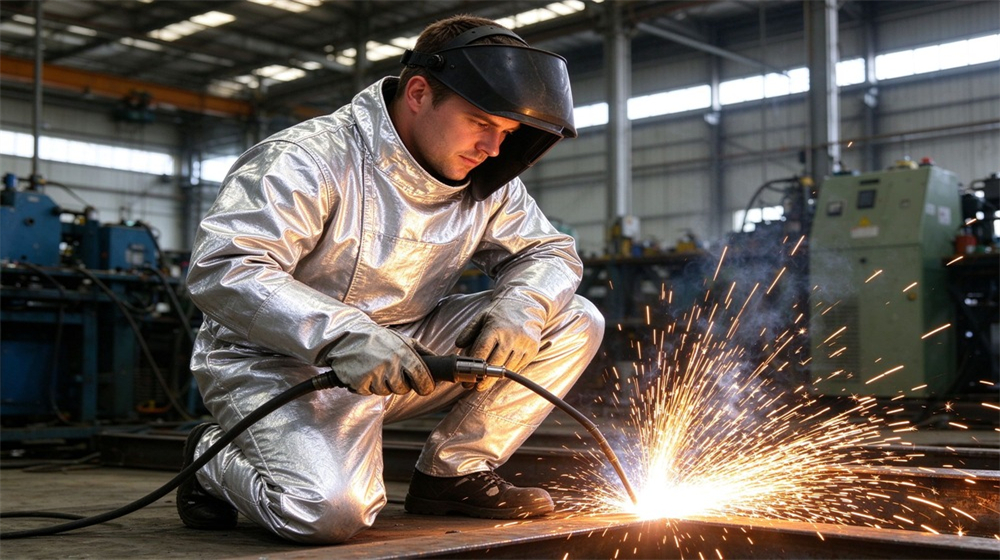 45 degree angle of heavy duty protective high temperature insulated coverall, Welder in heat insulation coverall with welding sparks in workshop, thermal insulation, demonstrating professional application use in industrial safety environment, designed for wholesale bulk supply and industrial safety procurement. 45 degree angle of heavy duty protective high temperature insulated coverall, Welder in heat insulation coverall with welding sparks in workshop, thermal insulation, demonstrating professional application use in industrial safety environment, designed for wholesale bulk supply and industrial safety procurement.