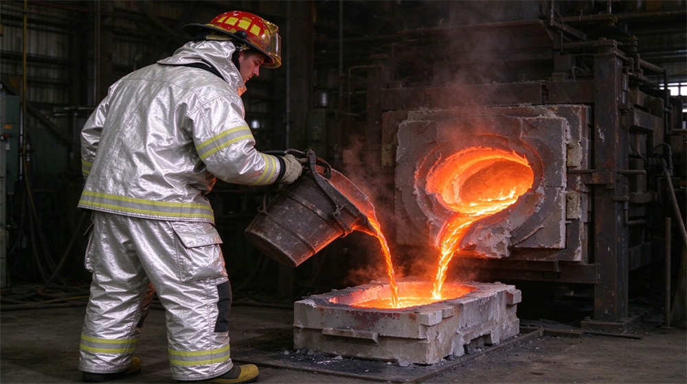 Wide shot of heavy duty protective high temperature insulated coverall, Foundry worker pouring molten metal side angle in heat insulation coverall, heat, demonstrating professional application use in industrial safety environment, designed for wholesale bulk supply and industrial safety procurement. Wide shot of heavy duty protective high temperature insulated coverall, Foundry worker pouring molten metal side angle in heat insulation coverall, heat, demonstrating professional application use in industrial safety environment, designed for wholesale bulk supply and industrial safety procurement.