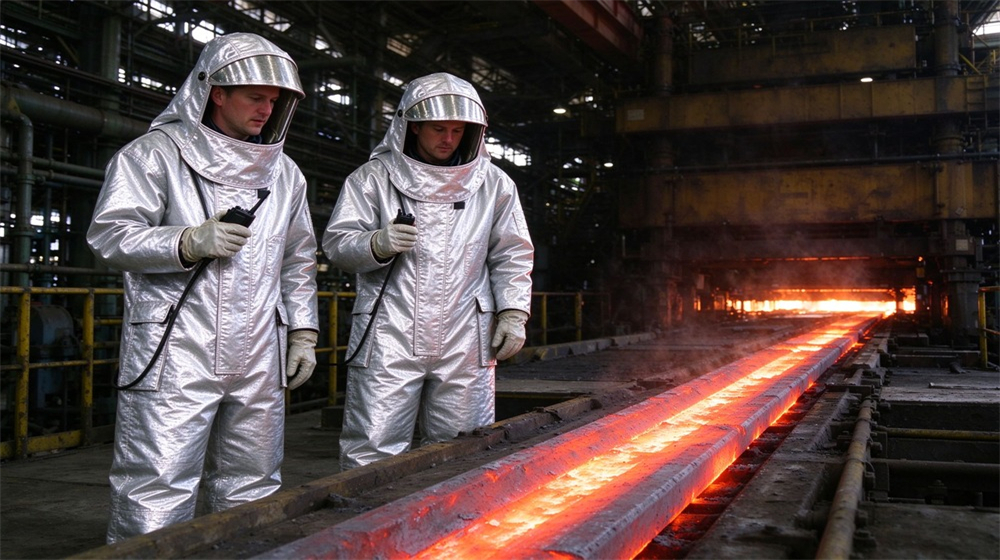 Front view of heavy duty protective high temperature insulated coverall, Two workers observing red hot steel on hot rolling line in insulation, demonstrating professional application use in industrial safety environment, designed for wholesale bulk supply and industrial safety procurement. Front view of heavy duty protective high temperature insulated coverall, Two workers observing red hot steel on hot rolling line in insulation, demonstrating professional application use in industrial safety environment, designed for wholesale bulk supply and industrial safety procurement.