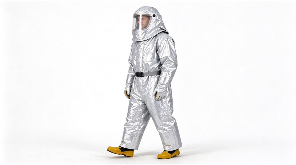 Side angle of heavy duty protective high temperature insulated coverall, Heat insulation coverall side walking pose on white background, high temperature insulation, demonstrating professional product use in industrial safety environment, designed for wholesale bulk supply and industrial safety procurement. Side angle of heavy duty protective high temperature insulated coverall, Heat insulation coverall side walking pose on white background, high temperature insulation, demonstrating professional product use in industrial safety environment, designed for wholesale bulk supply and industrial safety procurement.