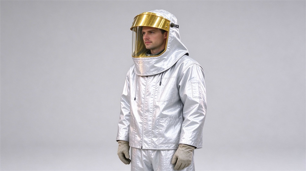 Aerial perspective of heavy duty protective high temperature insulated coverall, Worker side view wearing heat insulation coverall in studio, high temp insulation, demonstrating professional product use in industrial safety environment, designed for wholesale bulk supply and industrial safety procurement. Aerial perspective of heavy duty protective high temperature insulated coverall, Worker side view wearing heat insulation coverall in studio, high temp insulation, demonstrating professional product use in industrial safety environment, designed for wholesale bulk supply and industrial safety procurement.