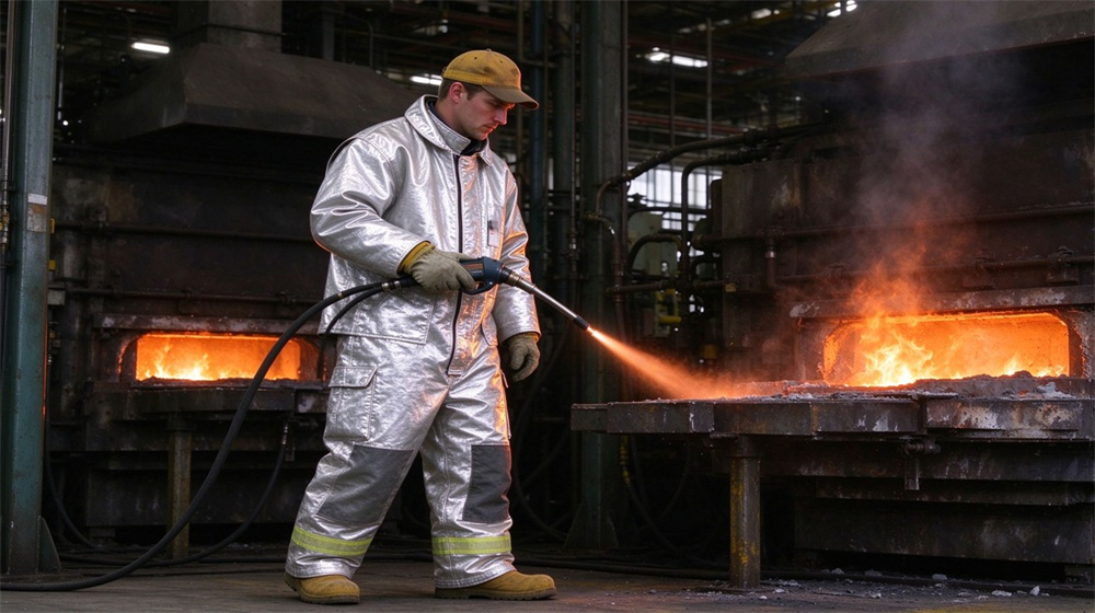 Close up detail of heavy duty protective high temperature insulated coverall, Worker in heat insulation coverall inspecting aluminum plant furnace with temperature gun,, demonstrating professional application use in industrial safety environment, designed for wholesale bulk supply and industrial safety procurement. Close up detail of heavy duty protective high temperature insulated coverall, Worker in heat insulation coverall inspecting aluminum plant furnace with temperature gun,, demonstrating professional application use in industrial safety environment, designed for wholesale bulk supply and industrial safety procurement.