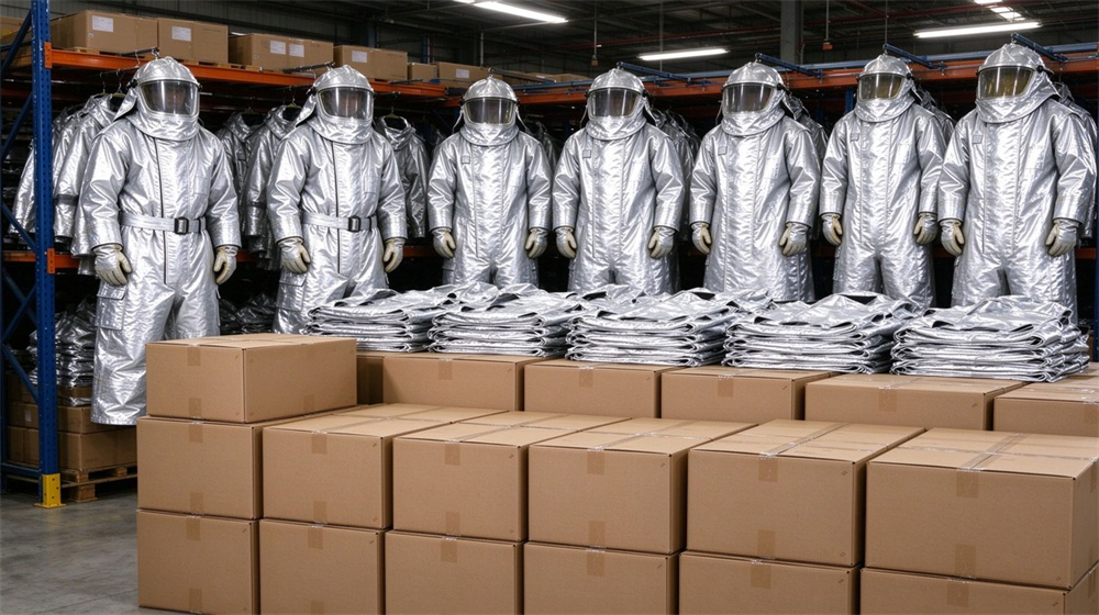 Overhead view of heavy duty protective high temperature insulated coverall, Wholesale cartons of heat insulation coveralls at warehouse stock area, insulated workwear, demonstrating professional application use in industrial safety environment, designed for wholesale bulk supply and industrial safety procurement. Overhead view of heavy duty protective high temperature insulated coverall, Wholesale cartons of heat insulation coveralls at warehouse stock area, insulated workwear, demonstrating professional application use in industrial safety environment, designed for wholesale bulk supply and industrial safety procurement.