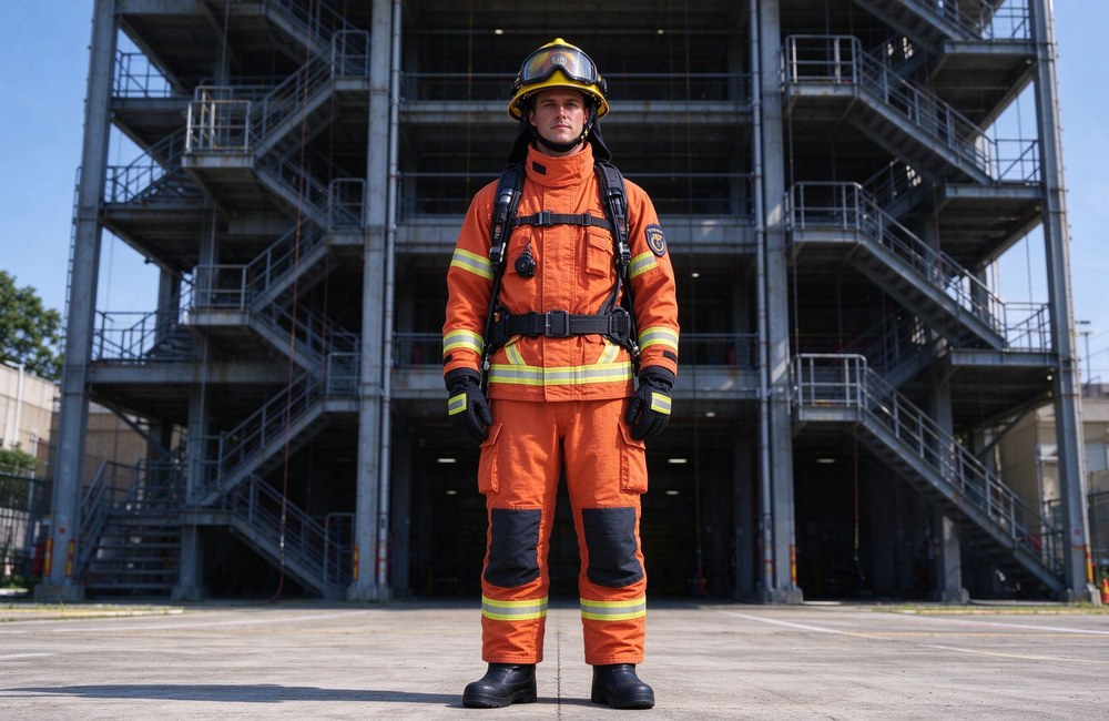 Full body shot of a Western firefighter in orange turnout gear standing squarely before a concrete training tower, wearing a yellow structural fire helmet with goggles up, blue sky Full body shot of a Western firefighter in orange turnout gear standing squarely before a concrete training tower, wearing a yellow structural fire helmet with goggles up, blue sky