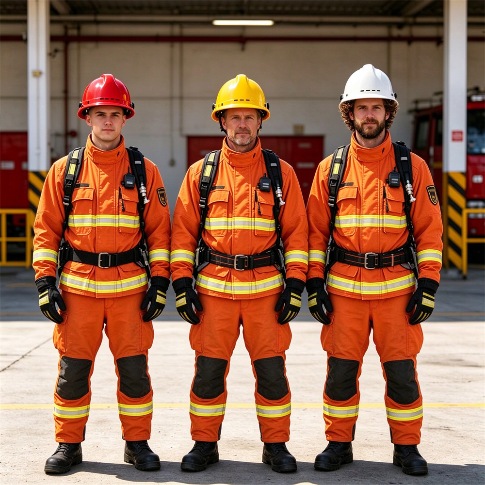 Square full-body front shot of three Western firefighters in orange turnout gear wearing red yellow and white fire helmets, three clearly different faces Square full-body front shot of three Western firefighters in orange turnout gear wearing red yellow and white fire helmets, three clearly different faces