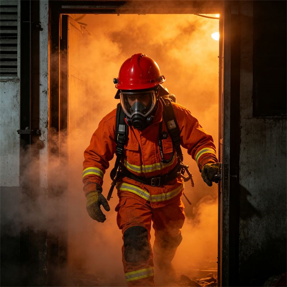 Square smoky fire scene full-body shot of a firefighter in orange turnout gear wearing a red structural helmet with dark mask Square smoky fire scene full-body shot of a firefighter in orange turnout gear wearing a red structural helmet with dark mask