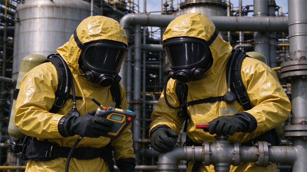 Front studio shot of a bright yellow Level A fully encapsulating chemical protective suit with integrated SCBA face piece, sealed airtight zipper and butyl rubber gloves, product fills eighty percent of frame on light gray background Front studio shot of a bright yellow Level A fully encapsulating chemical protective suit with integrated SCBA face piece, sealed airtight zipper and butyl rubber gloves, product fills eighty percent of frame on light gray background