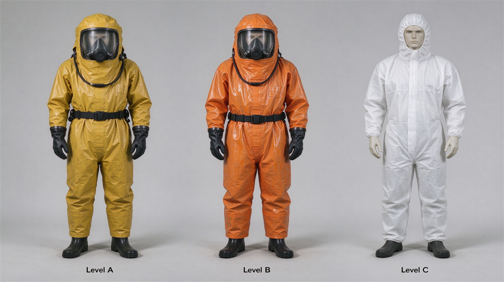 Side by side comparison of three hazmat suit levels on light gray background: yellow fully encapsulating Level A, orange splash Level B, white particulate Level C, clean product photography with English labels Side by side comparison of three hazmat suit levels on light gray background: yellow fully encapsulating Level A, orange splash Level B, white particulate Level C, clean product photography with English labels