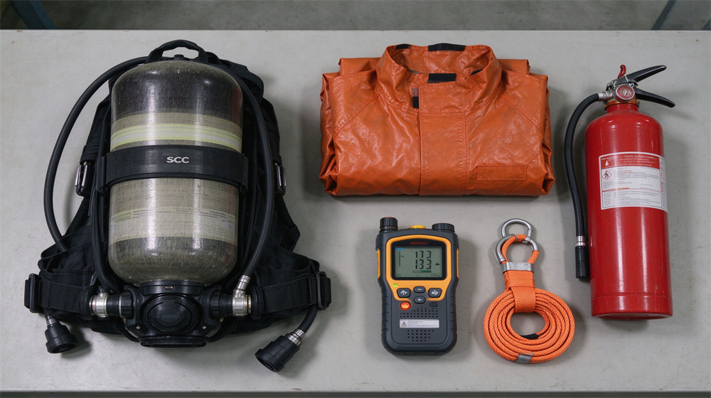 Top-down flat lay of a basic industrial emergency response kit on light gray background: one SCBA unit, one chemical suit, one gas detector, two extinguishers and a coiled safety rope, product fills eighty percent of frame Top-down flat lay of a basic industrial emergency response kit on light gray background: one SCBA unit, one chemical suit, one gas detector, two extinguishers and a coiled safety rope, product fills eighty percent of frame