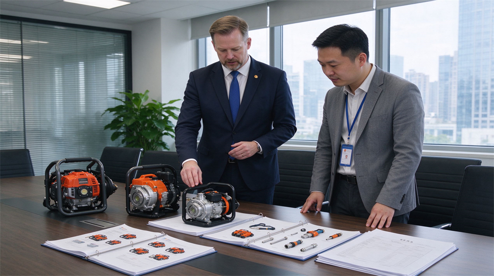 Conference room scene of a Caucasian procurement officer in suit reviewing industrial rescue equipment samples with an Asian sales representative, product catalogs and test report folders on the table Conference room scene of a Caucasian procurement officer in suit reviewing industrial rescue equipment samples with an Asian sales representative, product catalogs and test report folders on the table