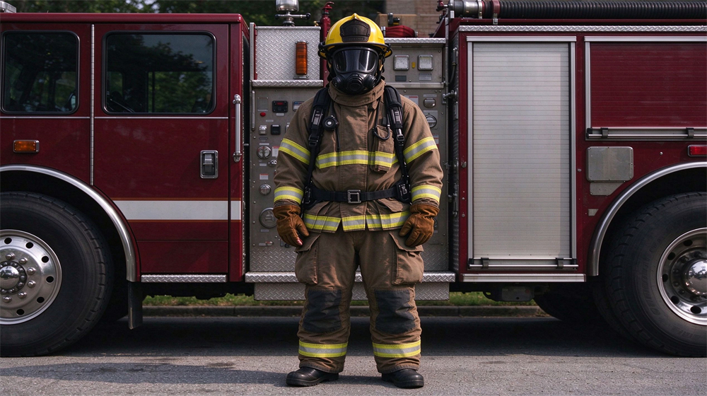 Studio product shot of a complete firefighter turnout gear set on light gray background: tan coat and pants, yellow helmet, leather gloves and black boots laid out flat, warm earth tones Studio product shot of a complete firefighter turnout gear set on light gray background: tan coat and pants, yellow helmet, leather gloves and black boots laid out flat, warm earth tones