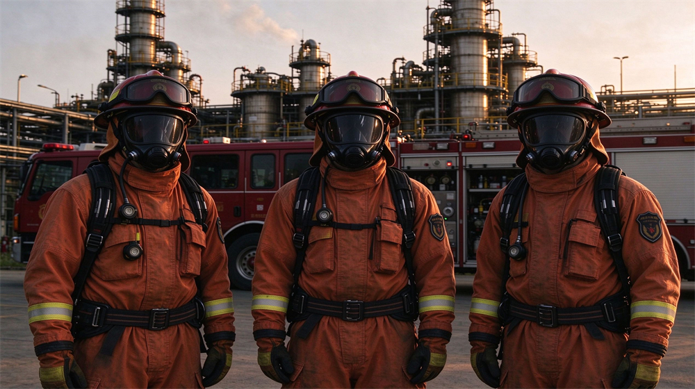 Golden hour outdoor shot of a three person industrial emergency response team in full SCBA and chemical protective suits standing ready at a chemical plant, fire truck and storage tanks behind, all faces masked Golden hour outdoor shot of a three person industrial emergency response team in full SCBA and chemical protective suits standing ready at a chemical plant, fire truck and storage tanks behind, all faces masked