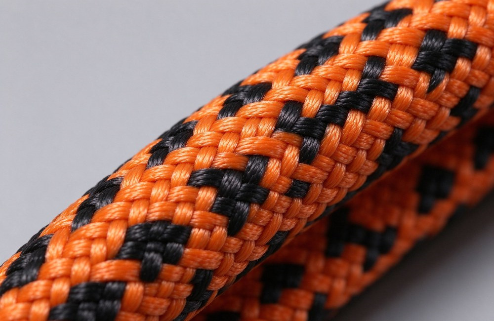 Extreme macro close-up of the orange diamond braided sheath of a kernmantle fire escape rope showing the tight interlaced polyester yarn texture, smooth hand-friendly surface, soft even studio lighting, no text visible Extreme macro close-up of the orange diamond braided sheath of a kernmantle fire escape rope showing the tight interlaced polyester yarn texture, smooth hand-friendly surface, soft even studio lighting, no text visible