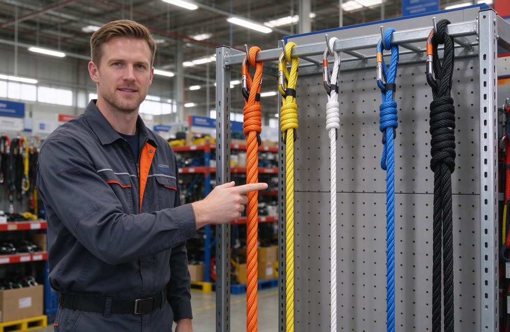 Medium shot of a Western worker pointing at five kernmantle fire escape ropes in different diameters 8mm 10mm 10.5mm 12mm and 16mm hanging on a metal display rack in orange yellow white blue and black colors, bright warehouse showroom Medium shot of a Western worker pointing at five kernmantle fire escape ropes in different diameters 8mm 10mm 10.5mm 12mm and 16mm hanging on a metal display rack in orange yellow white blue and black colors, bright warehouse showroom