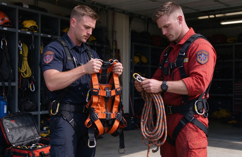 Medium shot of an emergency response team in dark uniforms and orange safety harnesses gathered around a table checking descenders, carabiners and coiled kernmantle fire escape ropes before deployment, bright equipment room Medium shot of an emergency response team in dark uniforms and orange safety harnesses gathered around a table checking descenders, carabiners and coiled kernmantle fire escape ropes before deployment, bright equipment room
