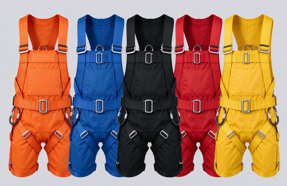 Studio display on light gray background showing five full body safety harnesses in orange, blue, black, red and yellow webbing arranged in a row, each with a woven chest label, demonstrating custom color and LOGO options Studio display on light gray background showing five full body safety harnesses in orange, blue, black, red and yellow webbing arranged in a row, each with a woven chest label, demonstrating custom color and LOGO options