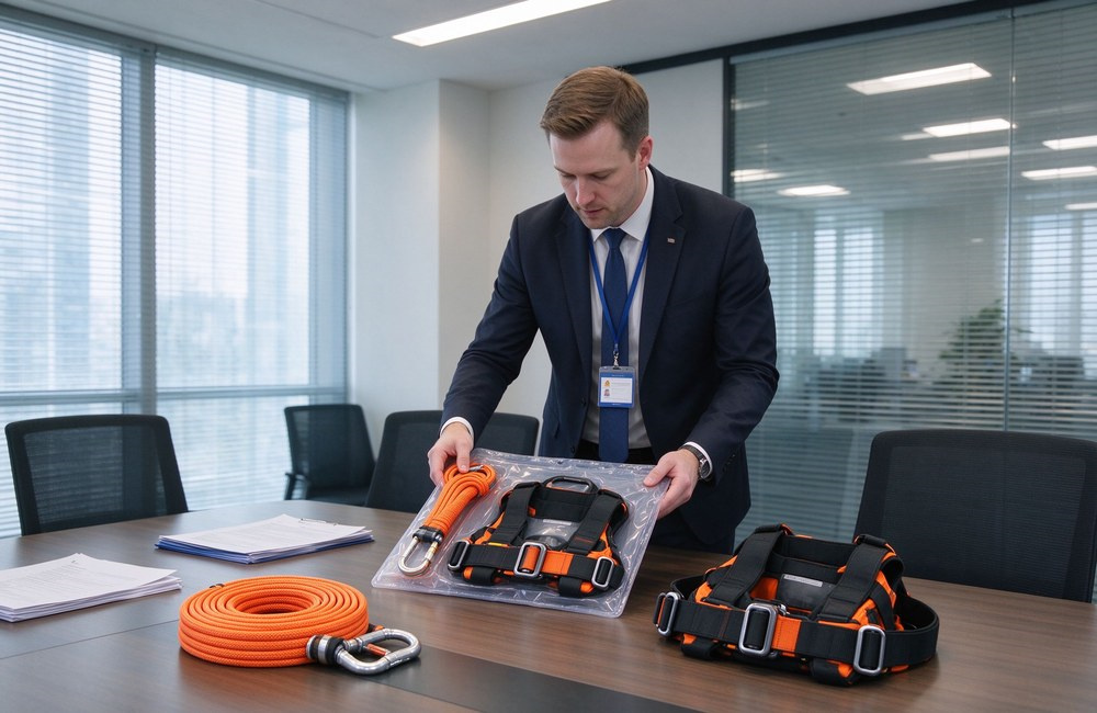 Wide shot of a government procurement equipment display table with rows of orange fire escape rope kits, full body safety harnesses and carry bags neatly arranged, formal exhibition hall, clean institutional setting Wide shot of a government procurement equipment display table with rows of orange fire escape rope kits, full body safety harnesses and carry bags neatly arranged, formal exhibition hall, clean institutional setting