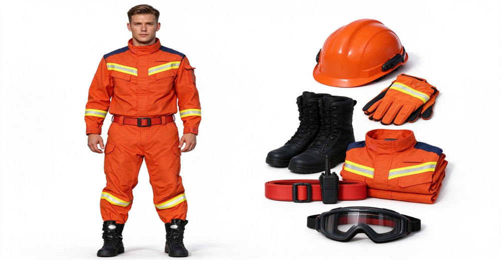 Rescue suit with reflective tape paired with protective helmet gloves boots goggles and communication radio Rescue suit with reflective tape paired with protective helmet gloves boots goggles and communication radio