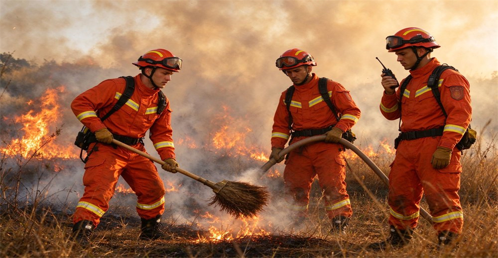 Firefighters in orange reflective rescue suits cooperate to put out grassland wildfire, holding walkie talkie for communication amid thick smoke and flickering flames Firefighters in orange reflective rescue suits cooperate to put out grassland wildfire, holding walkie talkie for communication amid thick smoke and flickering flames