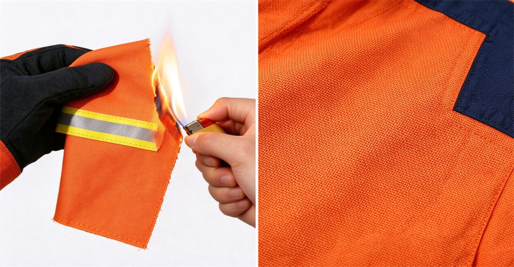 Fire resistant fabric of fire suit under flame test, showing stable textile structure and fire retardant property Fire resistant fabric of fire suit under flame test, showing stable textile structure and fire retardant property