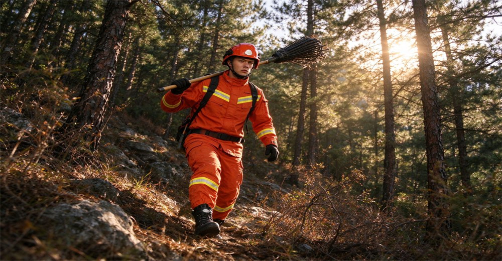 Wildland firefighter in orange fire suit carrying fire broom and moving uphill on forest terrain Wildland firefighter in orange fire suit carrying fire broom and moving uphill on forest terrain