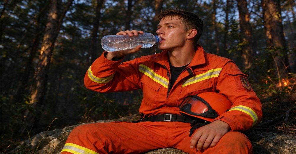 Wildland firefighter dressed in orange fire suit with reflective strips takes water break after forest fire suppression work Wildland firefighter dressed in orange fire suit with reflective strips takes water break after forest fire suppression work
