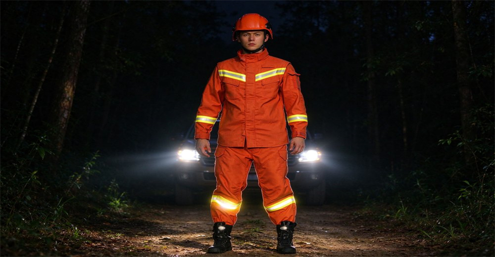 Firefighter in bright orange fire suit with reflective strips stands on forest trail under night scene for wildfire mission Firefighter in bright orange fire suit with reflective strips stands on forest trail under night scene for wildfire mission