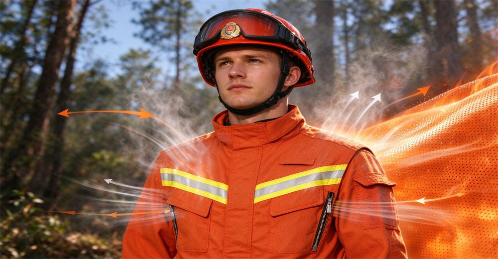 Wildland firefighter wearing breathable orange fire suit, airflow arrows demonstrate the fabric excellent ventilation performance Wildland firefighter wearing breathable orange fire suit, airflow arrows demonstrate the fabric excellent ventilation performance