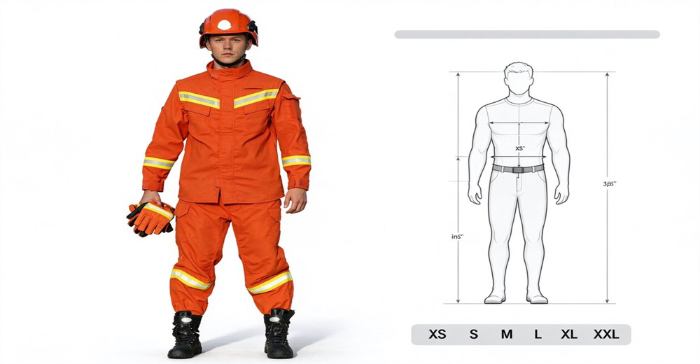 Orange wildland fire suit with reflective strips, size options XS to XXL for different body types of wildland firefighters Orange wildland fire suit with reflective strips, size options XS to XXL for different body types of wildland firefighters