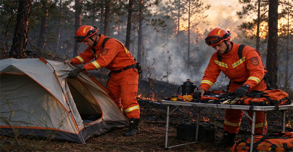 Two wildland firefighters in orange fire suits set up field camp and organize rescue gear amid smoldering forest fire zone Two wildland firefighters in orange fire suits set up field camp and organize rescue gear amid smoldering forest fire zone