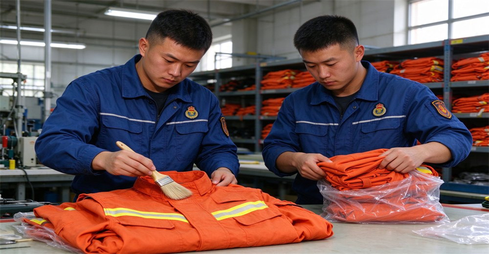 Workers inspect finished orange wildland fire suits and check fabric quality inside production workshop Workers inspect finished orange wildland fire suits and check fabric quality inside production workshop