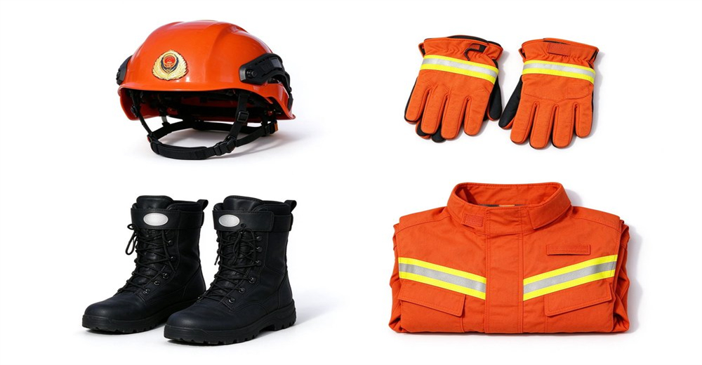 Wildland firefighter gear set including helmet, gloves, leather boots and orange fire suit with reflective strips Wildland firefighter gear set including helmet, gloves, leather boots and orange fire suit with reflective strips
