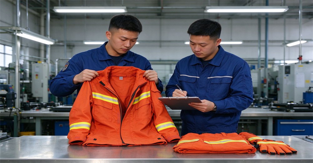 Quality audit of orange wildland firefighting suit with reflective strips, inspection records taken in production workshop Quality audit of orange wildland firefighting suit with reflective strips, inspection records taken in production workshop