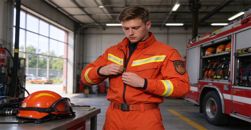 Firefighter preparing for mission, zipping up orange wildland firefighting suit fitted with bright reflective strips inside fire station Firefighter preparing for mission, zipping up orange wildland firefighting suit fitted with bright reflective strips inside fire station