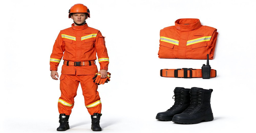 Complete set of orange wildland firefighting uniform with high visibility reflective strips, matched with helmet gloves belt radio and safety boots Complete set of orange wildland firefighting uniform with high visibility reflective strips, matched with helmet gloves belt radio and safety boots