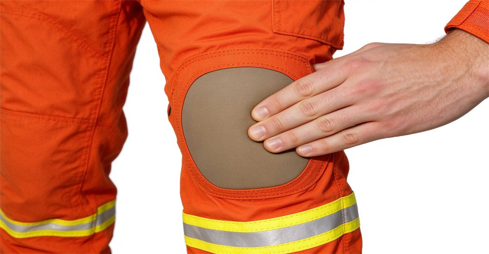 Reinforced knee pad section on orange wildland firefighting trousers with durable abrasion resistant fabric and reflective strips Reinforced knee pad section on orange wildland firefighting trousers with durable abrasion resistant fabric and reflective strips